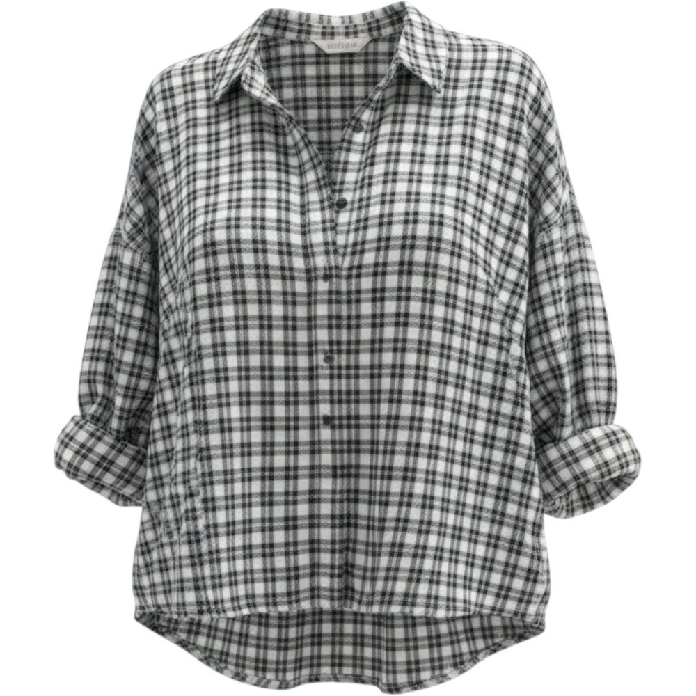 Pilcro and the Letterpress Plaid Button Down Shirt Frayed Collar Black White S